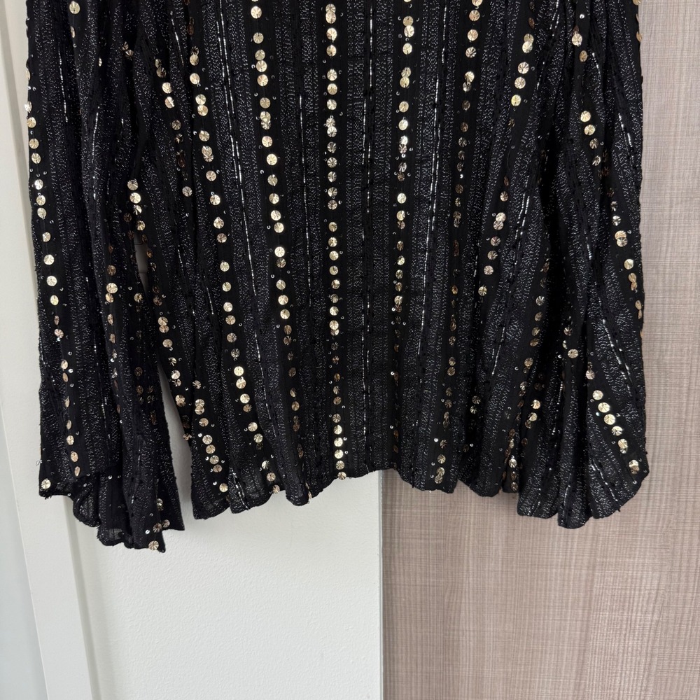 Anthropologie Let Me Be Black Gold Sequin Embellished Lace V Neck Blouse Medium - Picture 13 of 15